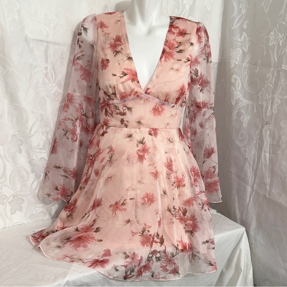Double Crazy Pink Feminine Fairy Floral Sheer Long Bell Sleeve Flowy Dress - Picture 6 of 12